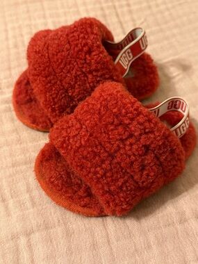 UGG Red Shearling Slide Sandals with Branded Sling size 4/5